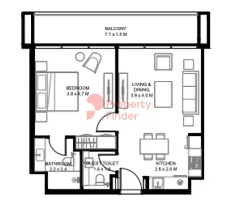 Floor plan, 1 Bed, 726 sq ft