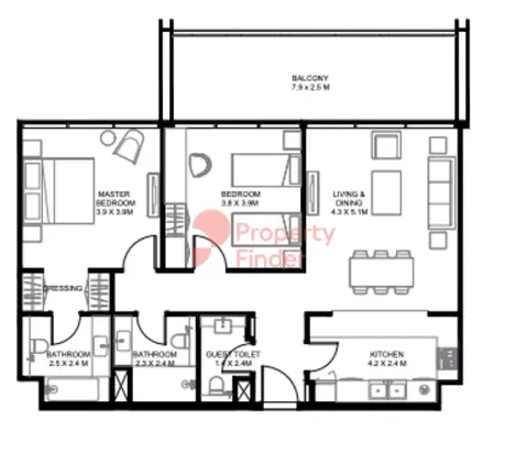 Floor plan, 2 Beds, 1,256 sq ft