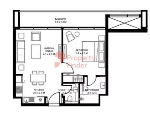 Floor plan, 1 Bed, 749 sq ft