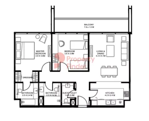 Floor plan, 2 Beds, 1,170 sq ft