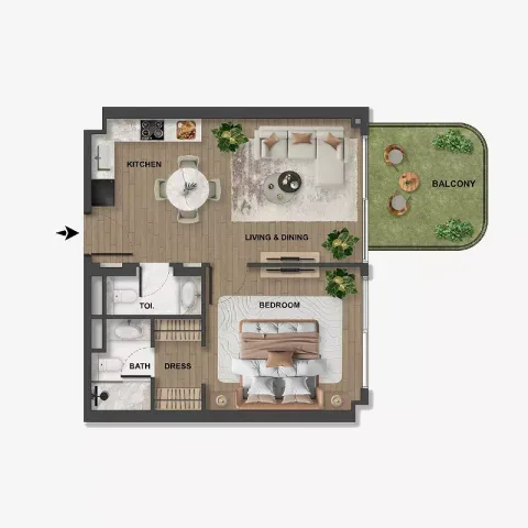 Floor plan, 1 Bed, 670 sq ft