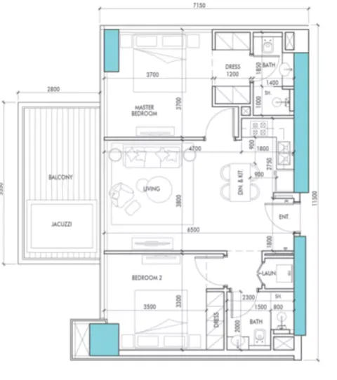 Floor plan, 2 Beds, 957 sq ft