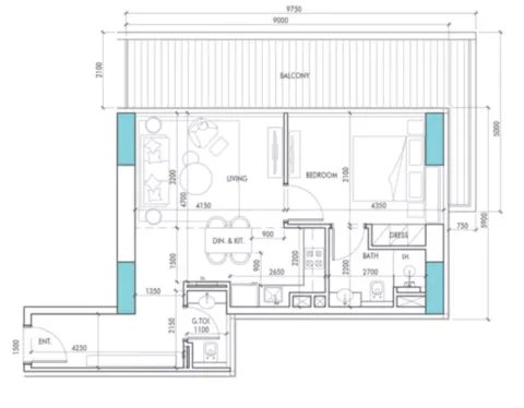 Floor plan, 1 Bed, 871 sq ft