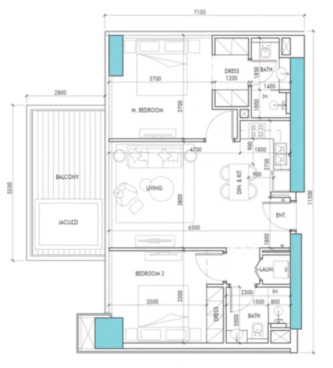 Floor plan, 2 Beds, 957 sq ft