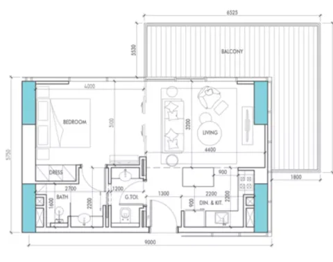 Floor plan, 1 Bed, 828 sq ft