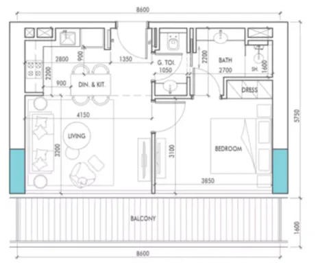 Floor plan, 1 Bed, 635 sq ft