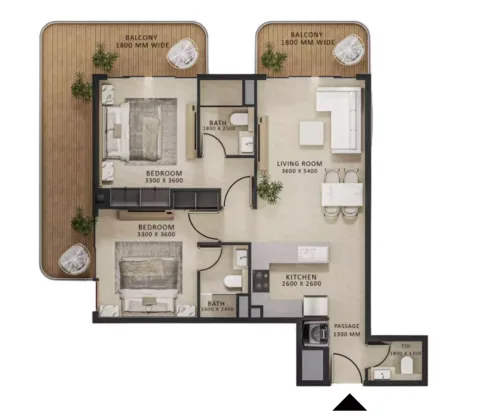 Floor plan, 2 Beds, 1,170 sq ft