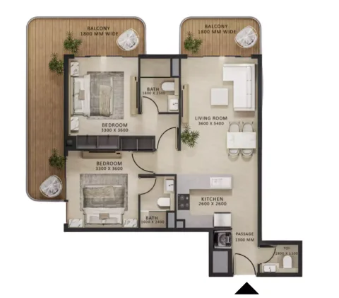 Floor plan, 2 Beds, 1,170 sq ft
