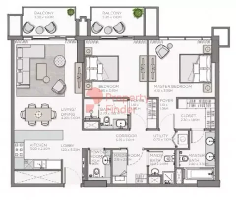 Floor plan, 2 Beds, 1,332 sq ft
