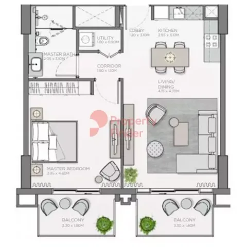 Floor plan, 1 Bed, 834 sq ft