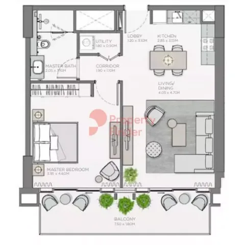 Floor plan, 1 Bed, 852 sq ft