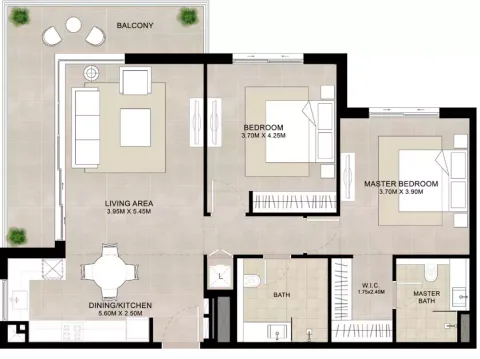 Floor plan, 2 Beds, 1,001 sq ft