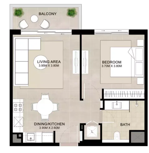 Floor plan, 1 Bed, 624 sq ft
