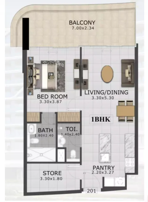Floor plan, 1 Bed, 833 sq ft