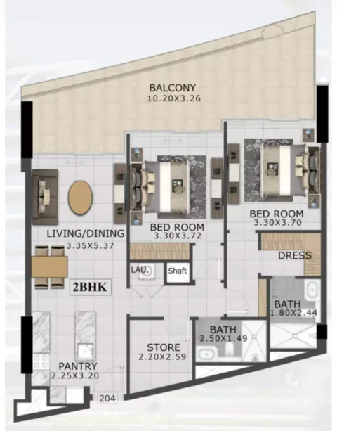 Floor plan, 2 Beds, 1,233 sq ft