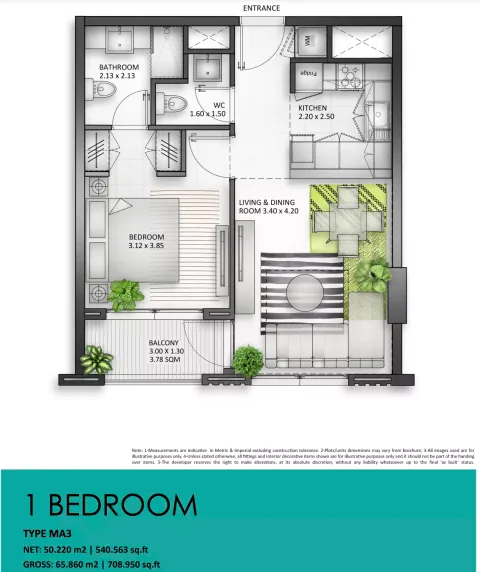 Floor plan, 1 Bed, 708 sq ft