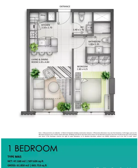 Floor plan, 1 Bed, 665 sq ft
