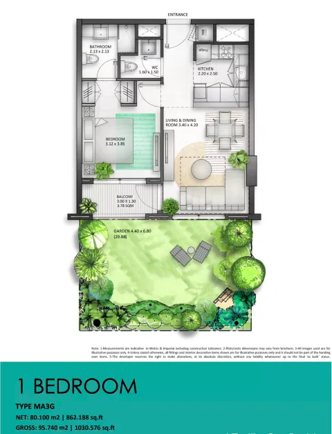 Floor plan, 1 Bed, 1,030 sq ft
