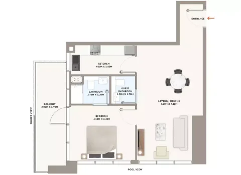 Floor plan, 1 Bed, 834 sq ft