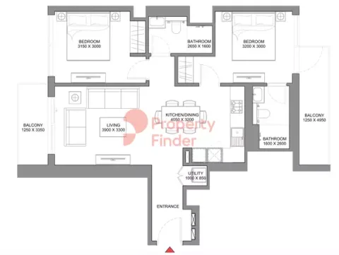 Floor plan, 2 Beds, 947 sq ft