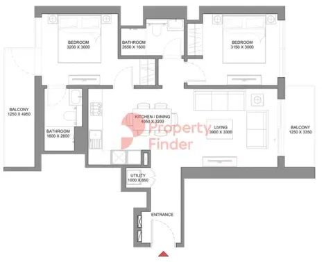Floor plan, 2 Beds, 947 sq ft
