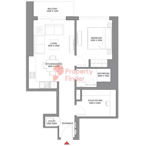 Floor plan, 1 Bed, 684 sq ft