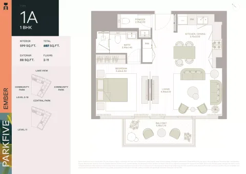 Floor plan, 1 Bed, 687 sq ft