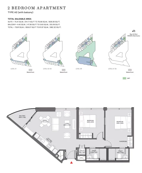 Floor plan, 2 Beds, 882 sq ft