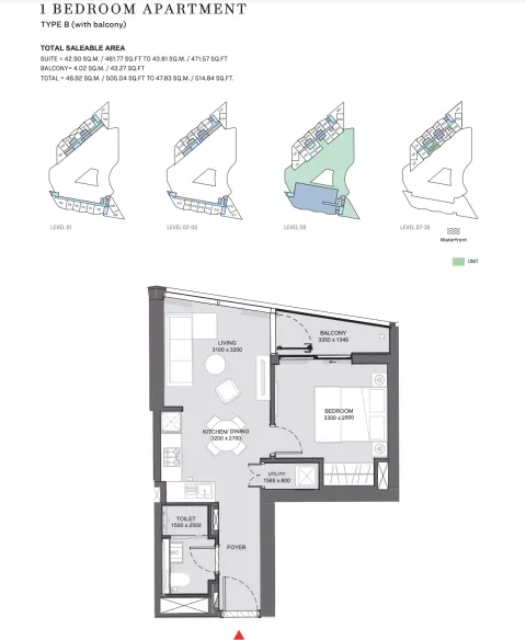 Floor plan, 1 Bed, 514 sq ft