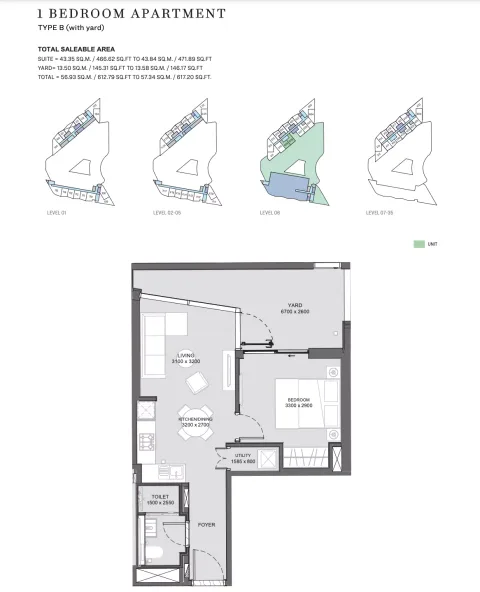 Floor plan, 1 Bed, 617 sq ft