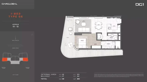 Floor plan, 1 Bed, 964 sq ft