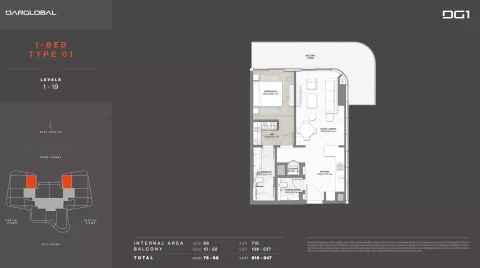Floor plan, 1 Bed, 818 sq ft