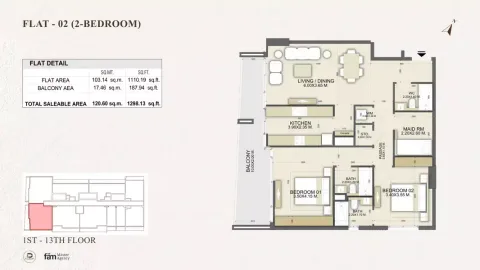Floor plan, 2 Beds, 1,298 sq ft