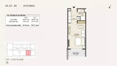 Floor plan, Studio, 421 sq ft