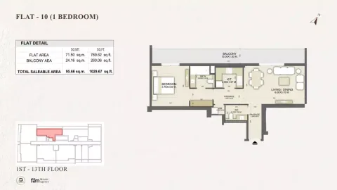 Floor plan, 1 Bed, 1,029 sq ft