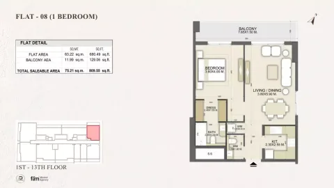 Floor plan, 1 Bed, 809 sq ft