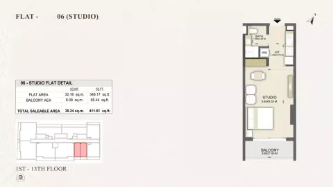 Floor plan, Studio, 411 sq ft