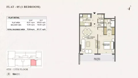 Floor plan, 1 Bed, 811 sq ft