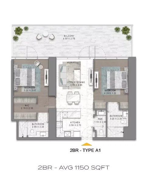 Floor plan, 2 Beds, 1,150 sq ft