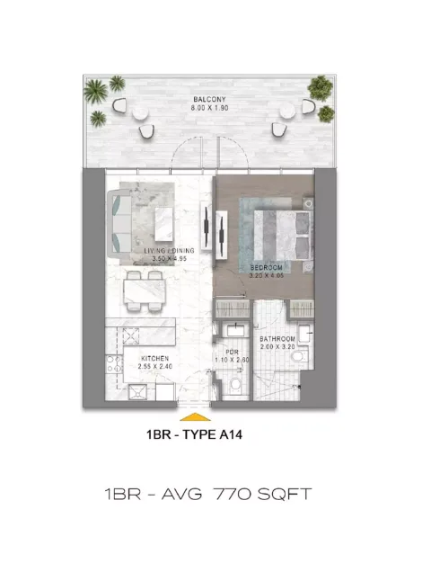 Floor plan, 1 Bed, 770 sq ft