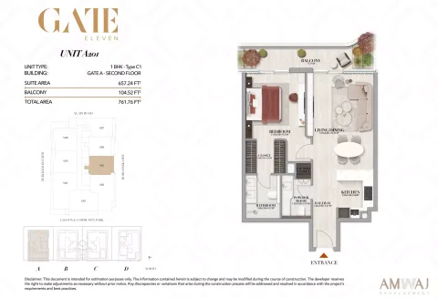 Floor plan, 1 Bed, 761 sq ft