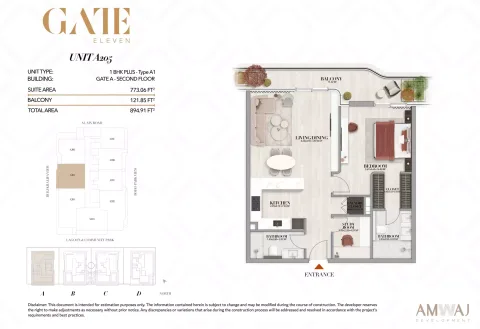 Floor plan, 1 Bed, 894 sq ft