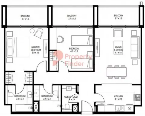 Floor plan, 2 Beds, 1,269 sq ft