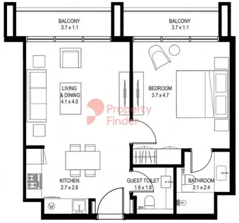 Floor plan, 1 Bed, 713 sq ft