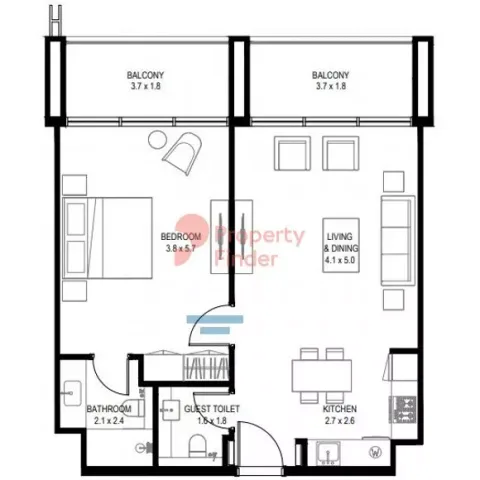 Floor plan, 1 Bed, 845 sq ft