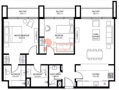 Floor plan, 2 Beds, 1,200 sq ft
