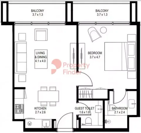 Floor plan, 1 Bed, 730 sq ft