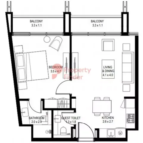 Floor plan, 1 Bed, 670 sq ft