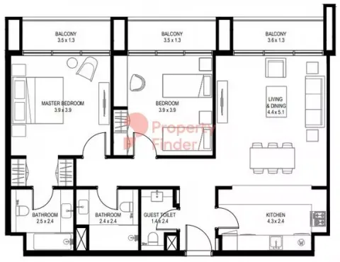 Floor plan, 2 Beds, 1,223 sq ft