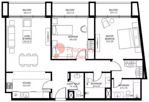 Floor plan, 2 Beds, 1,260 sq ft